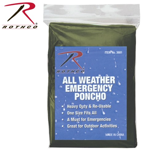 3681-OD Rothco Emergency Hooded Rain / All Weather Pocket Poncho[Green] 