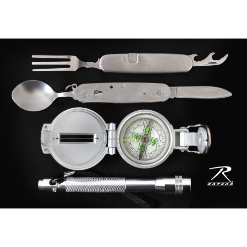 866 Rothco Silver Camping Gift Set- Compass, Chow Set, Flashlight