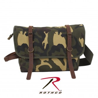 9614 Rothco Vintage Military Canvas Explorer Shoulder Bag With Leather Accents[Woodland Camo] 